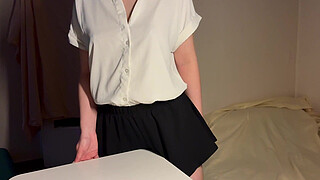 A young student rubs herself against a table and cums like a slut on a desk