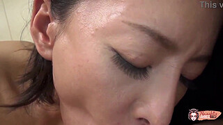 After satisfying her boyfriend the busty Asian lets his boss play with her tight pussy