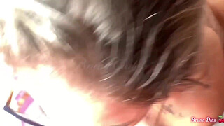 Coffee time: a hot blonde sucks her boyfriend's dick while being fucked by another guy, and in the end gets cum on her face.