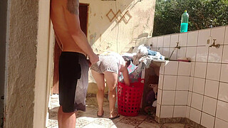 I caught my stepdaughter doing laundry in shorts, I got excited and liked her super hot pussy.