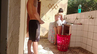 I caught my stepdaughter doing laundry in shorts, I got excited and liked her super hot pussy.