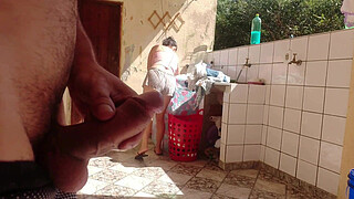 I caught my stepdaughter doing laundry in shorts, I got excited and liked her super hot pussy.