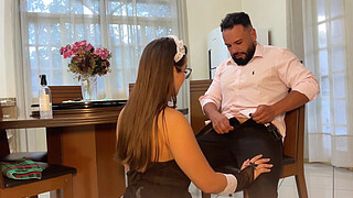 Wife catches husband having sex with the maid, watches with arousal, and then joins in the orgy, participating in a female threesome.