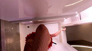 Hottest redhead real MILF wife with the shortest skirt and tan color fishnet stockings in the bathroom