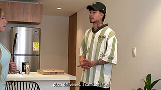 Hot Blonde Pays Pizza Delivery Guy with Her Pussy - Danner Mendez & Ambar Prada