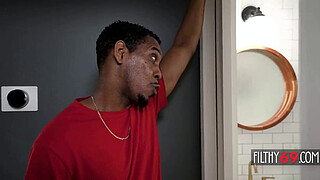 Blonde stepmom finally let her black stepson to fuck her