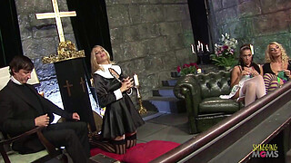 Devilish church pastor starts a group sex session with the milfs with fake boobs who beg for facials