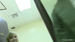 Naughty blondie loves blowjobs and fucking with a hunk in public bathrooms