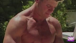 A saucy redhead gets her pussy eaten by the pool and gives a footjob