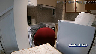 Stepmom in Kitchen Said NO Sex! - Allows Stepson Only Jerking off & Cumshot on her Fat Ass