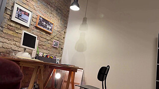 Amazingly beautiful big tits secretary in long slit dress ignores her boss while he masturbates on her