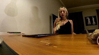 Amazingly beautiful big tits secretary in long slit dress ignores her boss while he masturbates on her