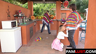 Step-Siblings Get Risky with A Blowjob Right Under Their Stepdad's Nose - Famlust