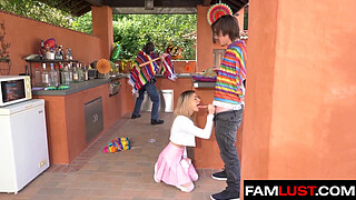 Step-Siblings Get Risky with A Blowjob Right Under Their Stepdad's Nose - Famlust