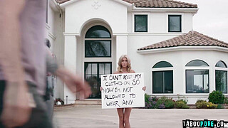 A skinny, blonde, small-titted teen girl Emma Rosie is punished for losing her virginity by being send outside, naked!
