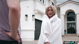 A skinny, blonde, small-titted teen girl Emma Rosie is punished for losing her virginity by being send outside, naked!