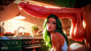 Green Hair Bimbo Slut Big Ass Tits Huge Cock Fantasy Kitchen (100% AI Generated)