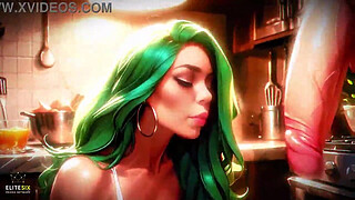 Green Hair Bimbo Slut Big Ass Tits Huge Cock Fantasy Kitchen (100% AI Generated)