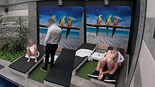 I undress in front of the hotel waiter, he agrees to eat my tight pussy and I give him a blowjob until he cums in my mouth