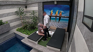 I undress in front of the hotel waiter, he agrees to eat my tight pussy and I give him a blowjob until he cums in my mouth