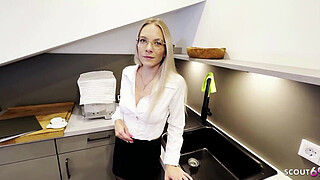 German slim blonde glasses Teen seduce to Quick POV Anal Creampie Fuck at kitchen