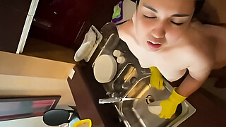 JohnTronX - Naked Asian maide is getting fucked arround the appartment