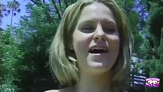 A blonde chick with hairy cunt and big fake tits drilled outdoors by the pool