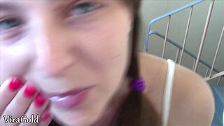 Blowjob from a neighbor girl in the entrance of the house