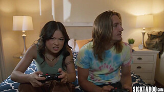 Asian girl swallowed big cock and hot teen enjoyed hardcore threesome sex after blowjob