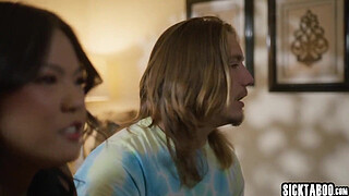 Asian girl swallowed big cock and hot teen enjoyed hardcore threesome sex after blowjob