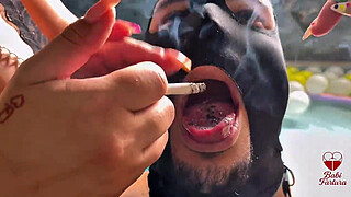 Smoking, smoking with my busty friend and blowing smoke in the face of that impotent, cuckolded idiot...