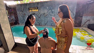 Smoking, smoking with my busty friend and blowing smoke in the face of that impotent, cuckolded idiot...