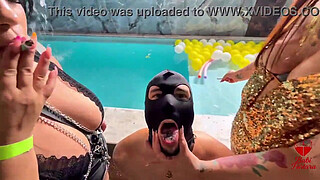 Smoking, smoking with my busty friend and blowing smoke in the face of that impotent, cuckolded idiot...