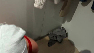 Risky Public Dressing Room Tease: Red Bra Try-On Leads to Sneaky Blowjob and Reward!