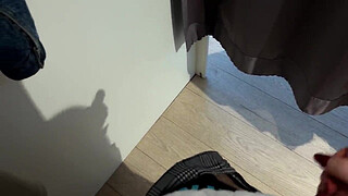 Risky Public Dressing Room Tease: Red Bra Try-On Leads to Sneaky Blowjob and Reward!
