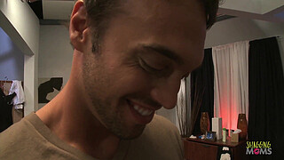 Moments after the busty milf puts on the blindfold her lover invites another man for a delightful threesome