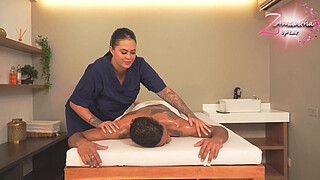 Busty and horny masseuse rides her client's huge cock