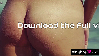 Skinny naked teen Katrina Pirs reveals her sweaty sun kissed pussy at beach