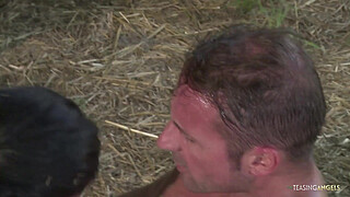 Her small tits bounce while the brunette milf is having anal sex in the barn