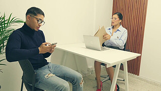 Secretary fuck with boss's son to get a raise