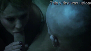 As the blonde milf gets up the stairs her big tits get grabbed by the vampire