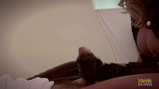 Stroking his big cock gets interrupted by a blonde milf with fake boobs who claims pornography is unavailable