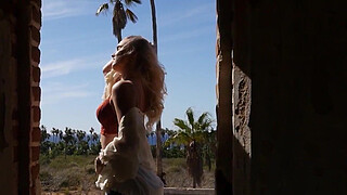 Teen cowgirl Sophia Rose reveals her pussy and her sexy nipple piercing