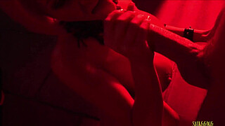 Inside the dimmed cell the blindfolded man awaits for the blonde milf with big tits to start sucking