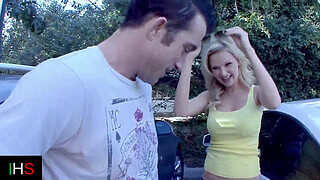 Beautiful blonde girl with blue eyes takes a huge cock