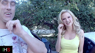 Beautiful blonde girl with blue eyes takes a huge cock