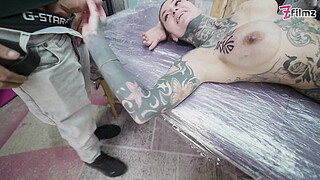Stunning Tattoo Babe with Big Tits enjoys ANAL fuck while getting a Tattoo - ATM&Gaping