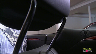 Dirty brunette milf with big tits bends over the hood of the car to get an ass cumshot