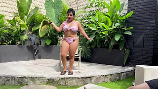Curvy teen slut is unfaithful to her boyfriend with a stranger with a big cock in the courtyard of a resort.