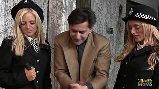 Blonde milf Stacey Saran looks so sexy in a police officer uniform and while having an intense threesome